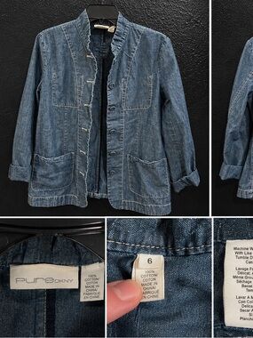 Pure DKNY Chambray Jacket Womens 6 Blue Ruffle Trim Button Front Utility Pockets